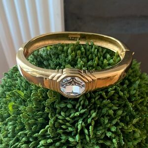 Gold-Tone Bangle Bracelet with Clear Crystal Accent
